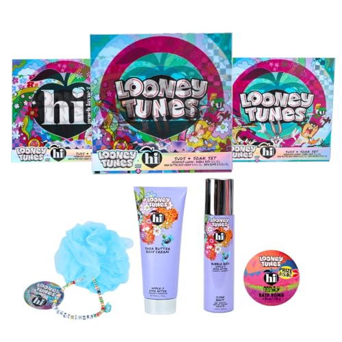 Looney Tunes x Hi Peach Layne Premium Bath Gift Set in Lenticular Box, containing a10 fl oz Body Wash, 8 oz Body Cream, 4.5 oz Bath Bomb and a Friendship Loofah