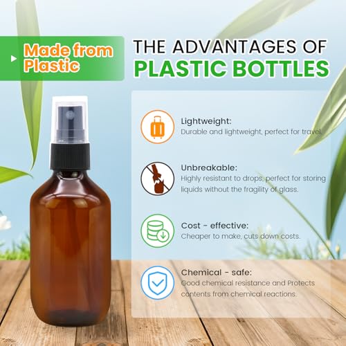 SYNTECSO 48 Pack 2oz Amber Plastic Spray Bottles, Fine Mist Spray Bottles for Essential Oils, Water Spray Bottle for Hair Plant & Cleaning Solution