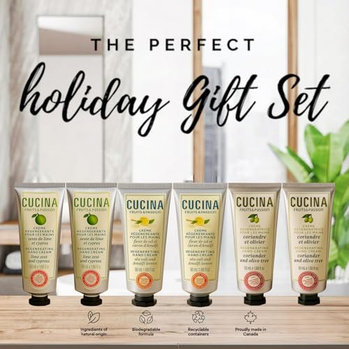 Cucina 6 Pack Regenerating Hand Cream Fruits & Passion Travel Size Set | Coriander Olive Tree | Lime Zest Cypress | Sea Salt Amalfi Lemon