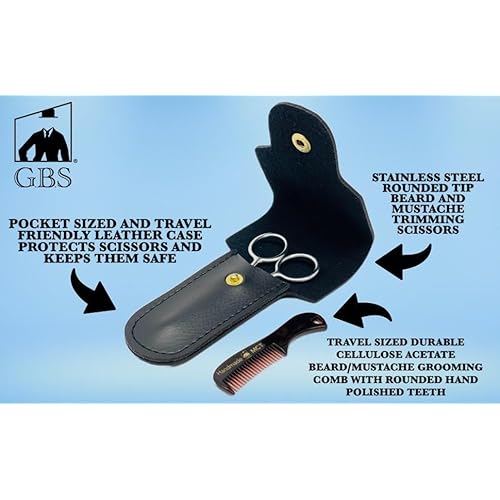 G.B.S Men's 3n1 Trimming, Cutting and Styling Beard Scissors, Stainless-steel Scissors for Beard, Mustache, Eyebrow, Nose Hair, Leather Travel Case and Beard and Mustache Comb