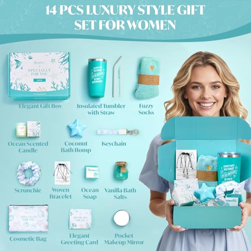 Briney Valentines Day Gifts for Women, Spa & Personal Care Package, Bath and Body Basket Set, Unique Relaxing Ocean Themed Present for Mom Wife Sister Best Friend