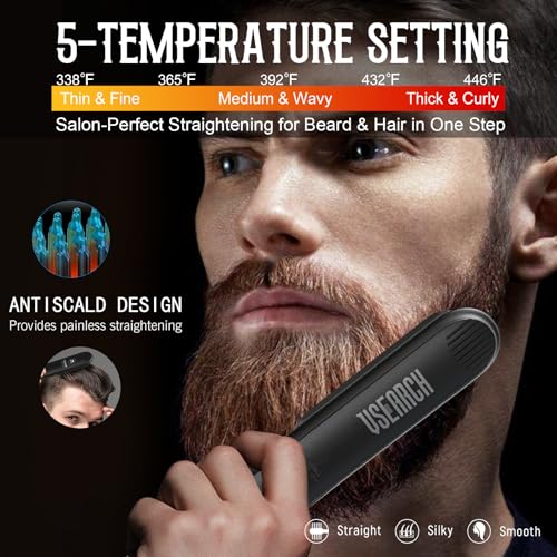 Heated Beard Straightener Brush for Men, 5 Temp Settings, Anti-Scald Safety, Grooming Kit with Comb, Beard Balm & Oil, for Coarse Thick Curly Beards, Gifts for Father's Day Birthday