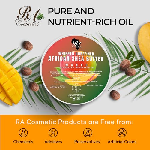 RA COSMETICS Whipped Shea Butter with Mango Extract ? 100% Unrefined Shea Body Butter from Ghana ? Moisturizes Skin, Nourishes & Conditions Hair, Scalp ? Softens and Smooths Lips, Hands & Feet ? 12oz