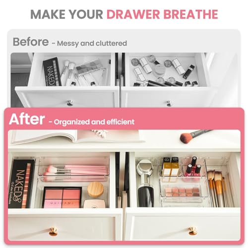 HOUSE DAY Makeup Drawer Organizer Trays 24 PCS, 4-Size Clear Drawer Organizers with Silicone Pads, Vanity Organizers and Storage, Non Slip Plastic Drawer Organizer for Desk, Bathroom, Kitchen, Office