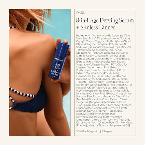 Self Tanner, 8-in-1 Age Defying Face Serum, Hydrating Gradual Tan, Sunless Tanner with Anti-Aging Hyaluronic Acid and Vitamin B, C, E, Fragrance-Free, Vegan, Dark, 1 oz