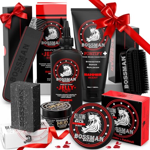 Bossman Big Boss Beard Care Kit for Men - 7 Piece Beard Grooming Kit with Jelly Beard Oil, Beard Conditioner, Beard Balm, MUDstache Wax, Bar Soap, Metal Comb, Brush - Gift Set for Men (Hammer)