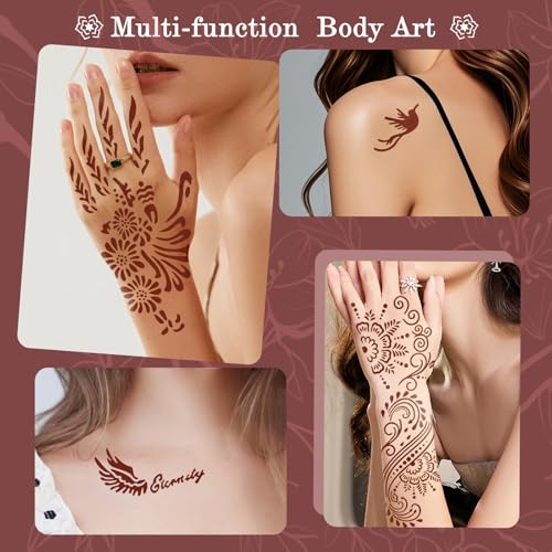 Temporary Tattoos Kit, Large 10 Sheets Temporary Tattoo Stencil Kit,95 Unique Tattoo Designs,5 Pcs 3 Color(black*2,brown*2 & Red*1) Ink with Paint Brush DIY Body Art Painting for Women Men Kids