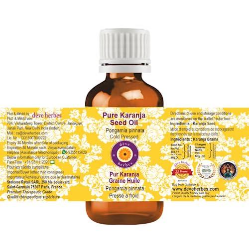 Deve Herbes Karanja Seed Oil (Pongamia pinnata) | Cold Pressed | Pure | Natural | Undiluted | For Diluting Essential oils | For Skin & Massage | Non-Sticky| Lightweight| Men & Women | 100ml (3.38 oz)