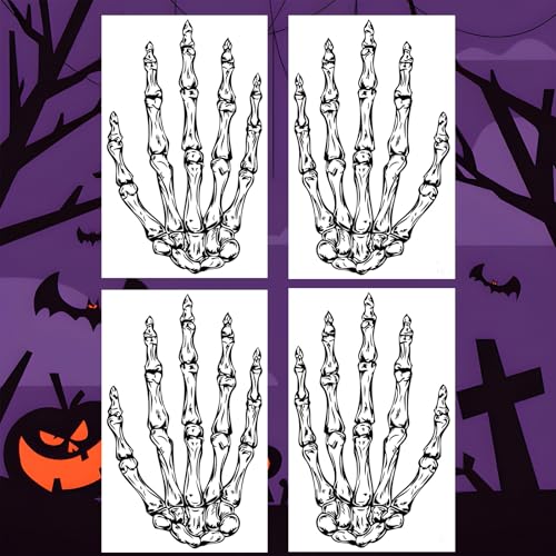 Creepy Halloween Temporary Tattoos - 4-Sheet Skeleton Claw Hand Fake Tattoo Stickers Set for Adults & Teens, Left & Right Hand Designs, Waterproof Gothic Party Tattoos