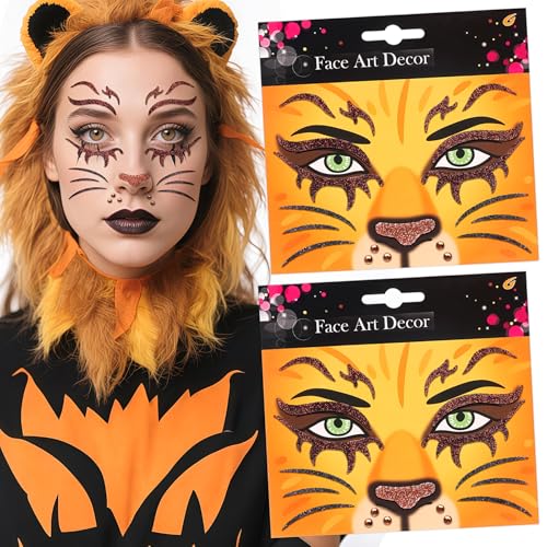 Lion Face Tattoos Stickers Glitter Face Jewels Cute Animal Temporary Tattoo for Adult Kids Makeup Birthday Halloween Cosplay Party Decoration Supplies 2Pcs (11-lion)