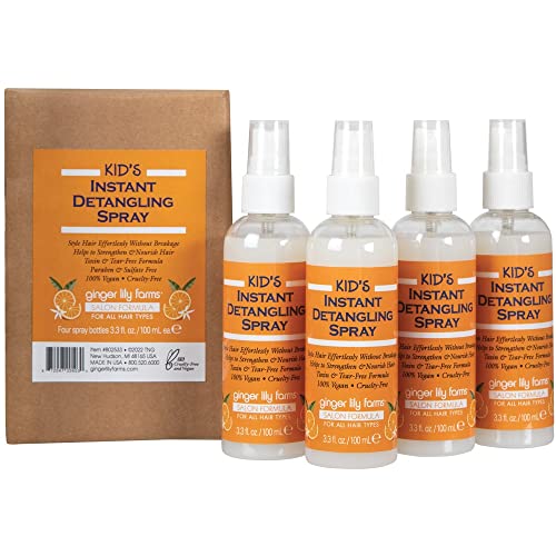 Ginger Lily Farms Salon Formula Kid¡¯s Instant Detangling Spray, Tear-Free Formula, Hair Detangler Spray for Kids, 100% Vegan & Cruelty-Free, 3.3 oz (Pack of 4)
