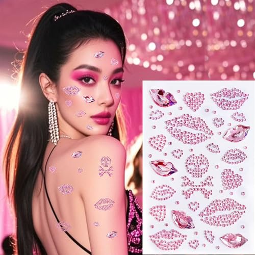 NOOEPC Red Face Gems Self-Adhesive Face Jewels, Red Face Glitter Lip Hair Gems, Festival Kiss Stickers, Face Rhinestone Stickers for Makeup, Eye, Hair, Body, Rave Accessories