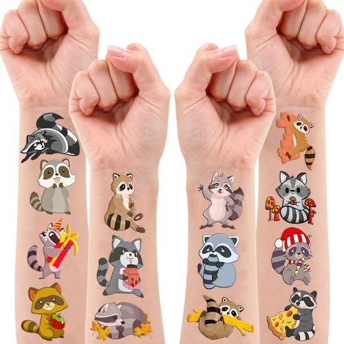 96PCS Cute Funny Raccoon Pre-Cut Temporary Tattoos Themed Birthday Party Decorations Supplies Favors Decor Woodland Wildlife Animals Tattoo Stickers Gifts For Kids Adults Boys Girls School Carnival