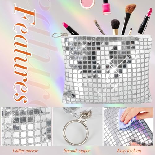 10 Pcs Disco Cosmetic Bags for Women 7.8 x 6.6 Inch Disco Makeup Bags Bachelorette Party Favors Bag Silver Sequins Makeup Bag Purse with Zipper for Bridal New Years Eve 70s 80s 90s Party Decorations