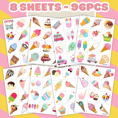 96PCS Ice Cream Pre-Cut Temporary Tattoos for Kids - Summer Birthday Party Supplies, Fun Tattoos for Boys & Girls, Party Favors, Classroom Prizes, Themed Gifts