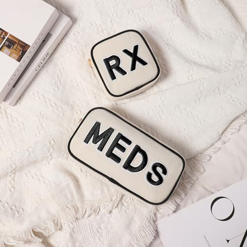 2Pcs Small Canvas Rx MEDS Medicine Packages, Cute Chenille Letter Patch Drug Makeup Bag with Metal Zipper, Mini Travel First Aid Purse Organizer Machine Washable (05RX and MEDS)