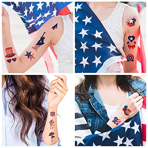 4th of July Temporary Tattoos, 90pcs American Flag Red White Blue Fake Tattoo Stickers, Independence Day Fourth of July Body Art USA National Memorial Decorations for Labor Day Party