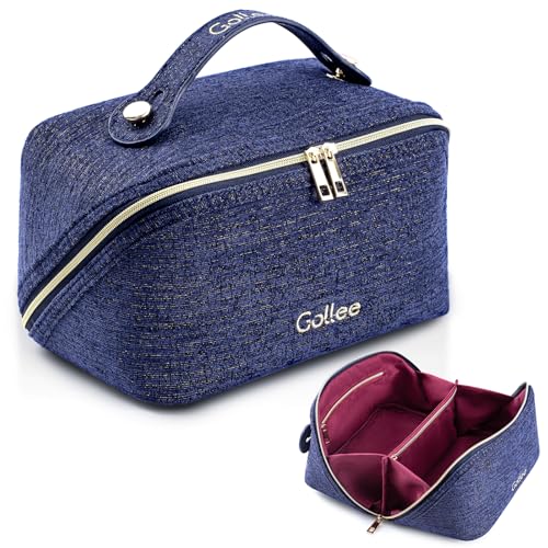 GOLLEE Travel Makeup Bag,Large Capacity Cosmetic Bags for Women, Portable Pouch Open Flat Toiletry Bag, Make up Organizer with Divider and Handle