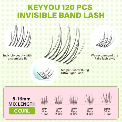 KEYYOU Venus Aurora Naiad DIY Lashes Clusters Invisible Band C Curl Natural Soft Waterproof 120Pcs Lash Extension Easy to Apply at Home Cosmetic Makeup Volume False Eyelashes (Aurora-C-8-16MIX)