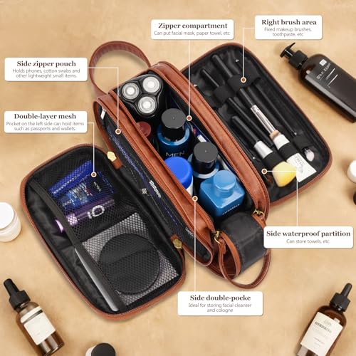Travel Toiletry Bag for Men,Mens Shaving Bags for Toiletries,Men's Toiletry Travel Bag PU Leather,Personalized Travel Essentials,Birthday Gifts For Men,Brown- M