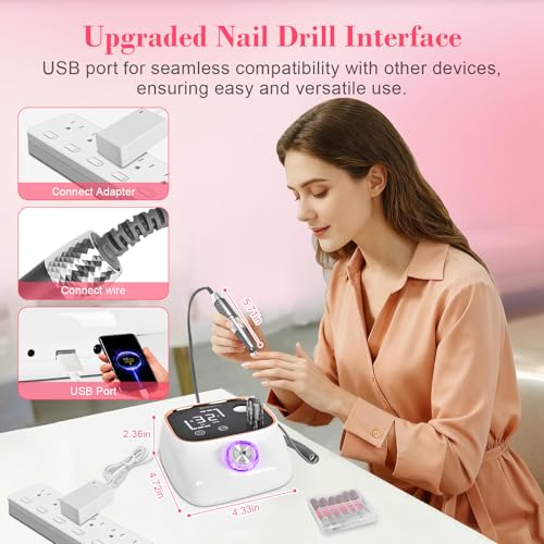 Premium Professional Electric Nail Drill & File Kit ? 45,000 RPM High-Speed Handpiece with LCD Display, 7 Versatile Bits, Low Noise & Heat, Perfect for Salon & Home Use(White)
