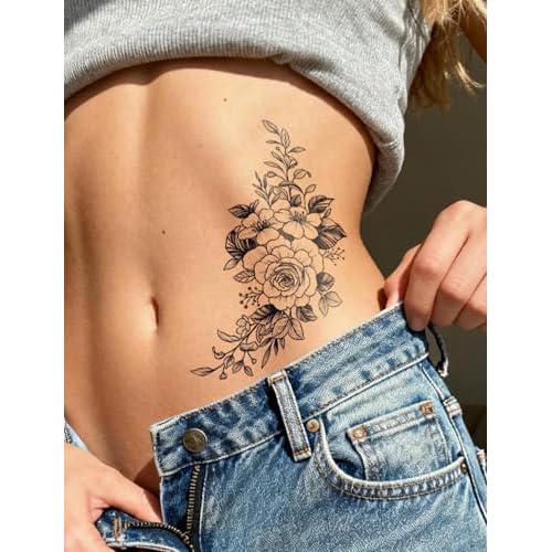 Semi Permanent Tattoos, 2 Sheets Realistic Large Thigh Temporary Tattoo for Women Adult, Fake Tattoos for Arms Calves Waist, Waterproof, No Reflective, Lasts 1 Weeks(Sexy Floral Rose Tattoo)