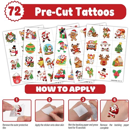 Christmas Party Set (144PCS) | 72 Temporary Tattoos & 72 Slap Bracelets | Fantasy Merry Xmas Party Favors, Stocking Stuffers, Classroom Gifts & Holiday Decorations for Kids