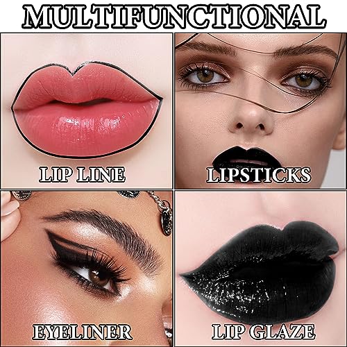 3 PCS Black Matte Liquid Lipstick and Lipliner Set,High Pigmented Matte Lipstick Lipgloss Black Lip Liner Set Long Lasting Waterproof Velvet Liquid Lip Gloss Stain Set for Halloween Gothic Makeup