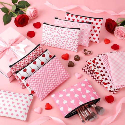 24 Pcs Valentine's Day Makeup Bags Bulk Galentine's Day Gifts for Women Canvas Cosmetic Bags with Zipper Heart Pink Stripes Plaid Wave Patterns Bag Valentine's Party Favors