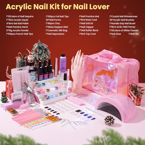 Nail Kit for Beginners with Everything: Practice Hand Acrylic Nail Kits Professional U/V Lamp Powder Drill Liquid Starter Set with Gel Polish in Cosmetic Gift Bag for Women Salon Home(Holo Pink)