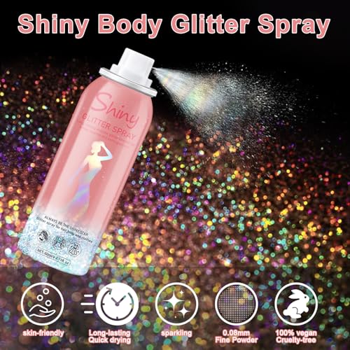 Hair and Body Glitter Spray, Holographic Glitter Highlighter Powder, Hairspray for Clothes, Face Body Shiny Glitter, Loose Shimmer Hairspray Festival Rave Prom Accessories, 2.11 Fl Oz (Rainy-Rainbow)