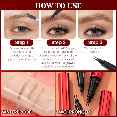 Eyebrow Pen with 2 Pack Eyebrow Pen Set, Waterproof and Long-Lasting Microblading Eyebrow Pencil for Natural Fuller-Looking Brow, Quick-Dry Eyebrow Pencils with Double-Brush Tip for Women (Dark Brown)