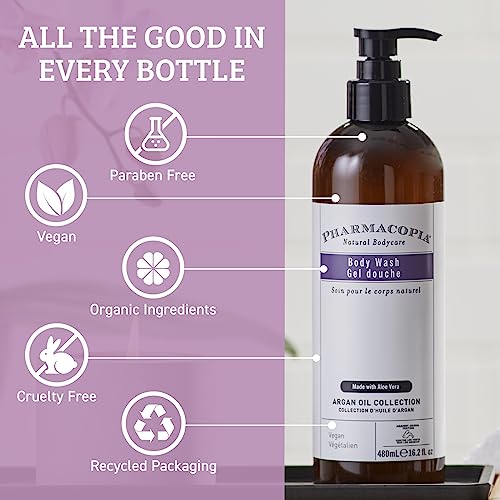 Pharmacopia Hotel Argan Oil Body Wash & Body Lotion Bundle ? Hydrating Aromatherapy Body Care - Plant Based & Organic Ingredients ? Vegan, Cruelty Free, No Parabens, Set of 2 16oz Bottles