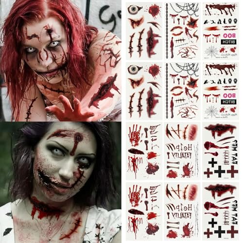 12 Sheets Fake Scars Tattoo Temporary Halloween Makeup Kit, Realistic Halloween zombie makeup Fake Bloody Wound Stitch Scar Tatoos Halloween Masquerade Prank Makeup Props