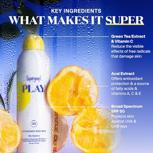 Supergoop! PLAY Antioxidant Body Mist w/Vitamin C - 6 fl oz - SPF 50 PA++++ Broad Spectrum Sunscreen - Body Spray - Great for Active Days (Pack of 2)
