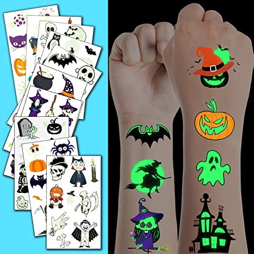 JCFIRE Halloween Temporary Tattoos for Kids, Glow in Dark Tattoos Stickers with Pumpkin Skull Ghost Monster for Halloween Party Favors Decorations, Party Games for Kids