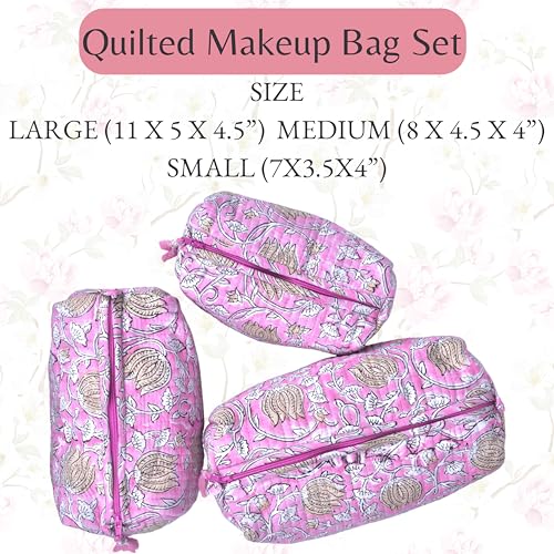 Quilted Floral Block Print Makeup Bag Set of 3 ? Cotton Travel Toiletry and Makeup Organizer, Cosmetic Pouch, Toiletry Bag for Women, Cute Boho Coquette Make Up Bags for Women (Small, Medium, Large)