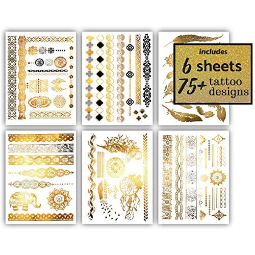 Terra Tattoos Gold Metallic Tattoo Flash Sheets Designs of Feathers, Flowers, Jewerly & more! Face Tattoos for Women Waterproof Nontoxic Long Lasting 75+ Designs for Vacation, Festivals Parties - Gold