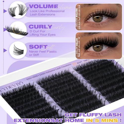 EYDEVRO Lash Clusters Kit 60D80D100D Volume Lash Extension Kit Wispy Cluster Eyelash Extensions Eyelash Extension Kit 10-18mm D Curvature Cluster Lashes with Lash Bond and Seal Tweezers Brushes