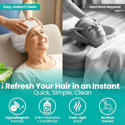 No-Rinse Shampoo & Conditioner Shower Cap, Waterless Hair Washing for Elderly, Bedridden, Hassle-Free Microwavable Hair Washing Cap infused with Aloe & Vitamin E ? 6-Pack