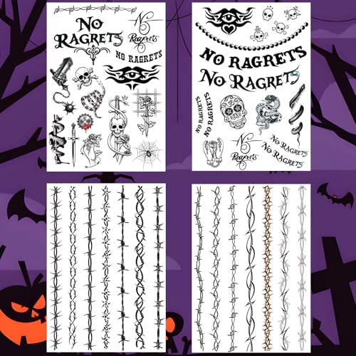 Noragret Temporary Tattoos, Fake Barbed Wire Tramp Stamp Realistic Tattoo Stickers for Adult Women Men, Neck Spine Wicked Tattoos for Halloween Parties£¬4-Sheet