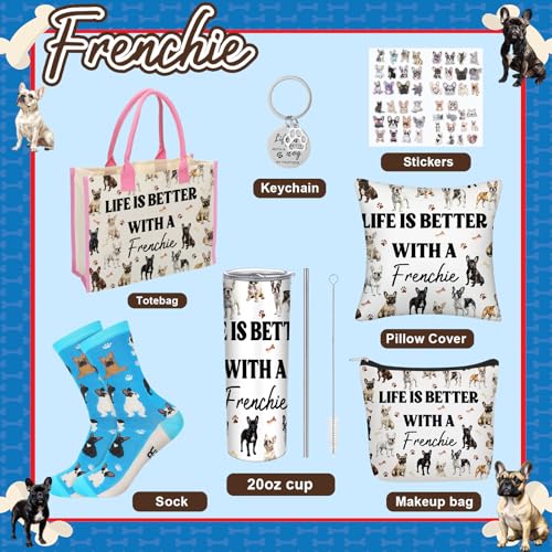 Patelai 56 Pcs Valentine Frenchie Gifts for Women Frenchie Dog Lover Gifts 20oz Stainless Tumbler Tote Bag Cosmetic Bag Sock Pillow Cover Keychain 50 Sticker for Dog Mom Birthday Party Favor