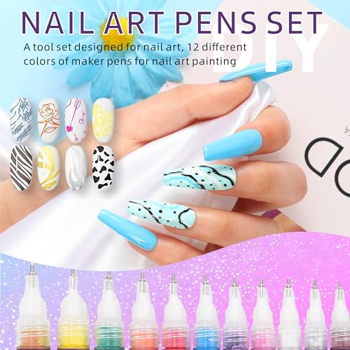 12 Color Nail Art Pen Set, 0.5mm Ultra Fine Nail Polish Pens for Drawing & Painting, Waterproof Quick-Drying Acrylic Nail Liner Dotters, DIY Manicure Design Art Kit with Professional Nail Tools