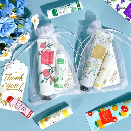 AZEN 100 Sets Bulk Gifts, Hand Cream and Lip Balm Bulk Set with Organza Bag Thank You Card, Baby Shower Wedding Gifts for Guests, Bridal Wedding Favors, Valentines Gift for Women