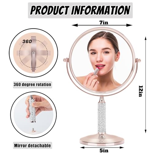 7"Rose Gold Glitter Diamond Rhinestone Makeup Mirror,360¡ÆRotate Round Tabletop Vanity Mirror Double Sided 1X/10X HD Undistorted Magnifying Mirror,Portable Vanity Women Gift (No Lamp Rose Gold)