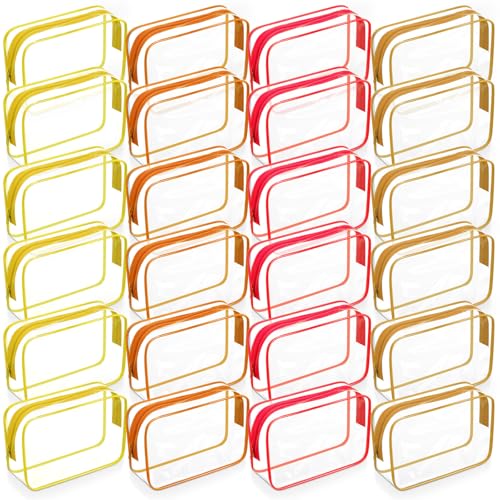 24 Pack Clear Makeup Bags Bulk Cosmetic Storage Bag Waterproof PVC Pouch with Zipper for Travel Organizer Plastic Toiletries Case for Women Traveling Bathroom, 7"x 4.7"x 2.4"(Yellow)