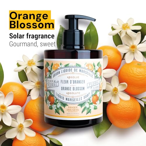 Panier des Sens - Orange Blossom Marseille Liquid Hand Soap + 2 Hand Soap Refills - Moisturizing Soap with Coconut Oil - Bathroom & Kitchen Foaming Soap - 96% Natural Ingredients Hand Wash-50.7 Fl.oz