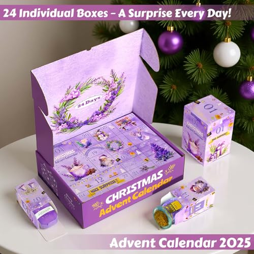 Advent Calendar 2026 Adult Women -24 Days of Christmas Advent Calendar for Mom, Wife, Girlfriend, Sister, Her - Lavender Spa Gifts Basket Set Includes Coffee Mugs, Scented Candle, Bath Salt, Soap