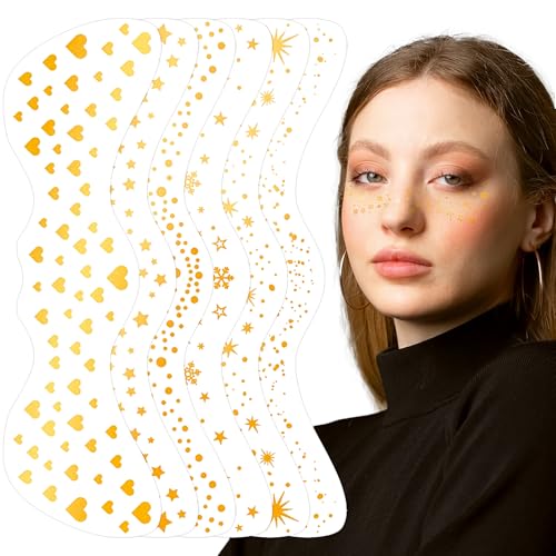 Glitter Gold Freckles Face Tattoo, Glow Up Makeup Patches - Face Glitter Speckles Patches - Cute Glitter Makeup Accessories for Women - Cosmetic Glitter for Face - 6 Sheets