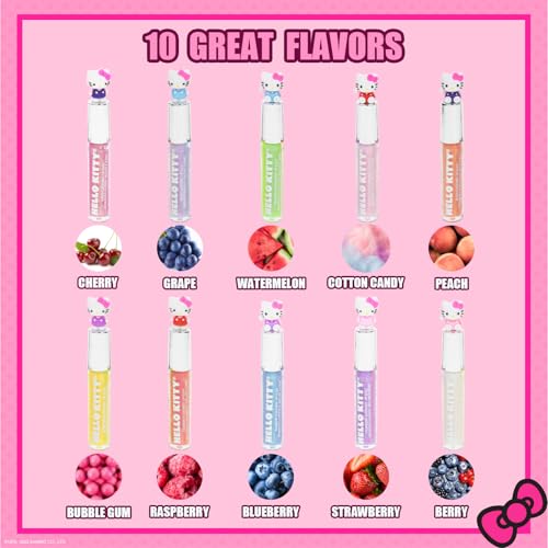 Hello Kitty 10 Piece Plant Based Lip Gloss, Girls Party Favors, First Makeup Set for Girl, Perfect for Parties, Sleepovers, and Birthday Gifts, Ages 3+, by Townley Girl